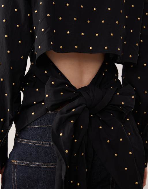 Never Fully Dressed cotton hotfix studded bow back shirt in black, 2 of 4