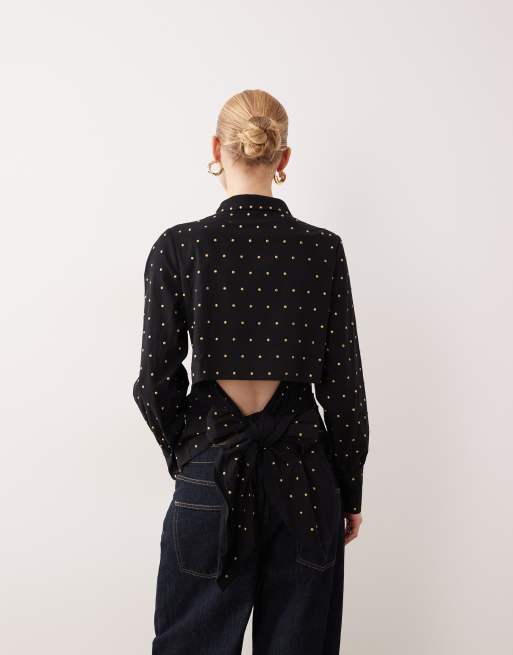 Never Fully Dressed cotton hotfix studded bow back shirt in black, 3 of 4