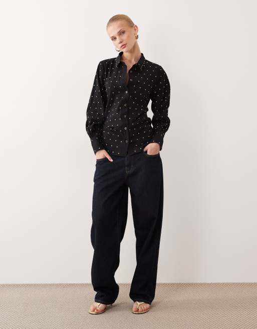 Never Fully Dressed cotton hotfix studded bow back shirt in black, 4 of 4