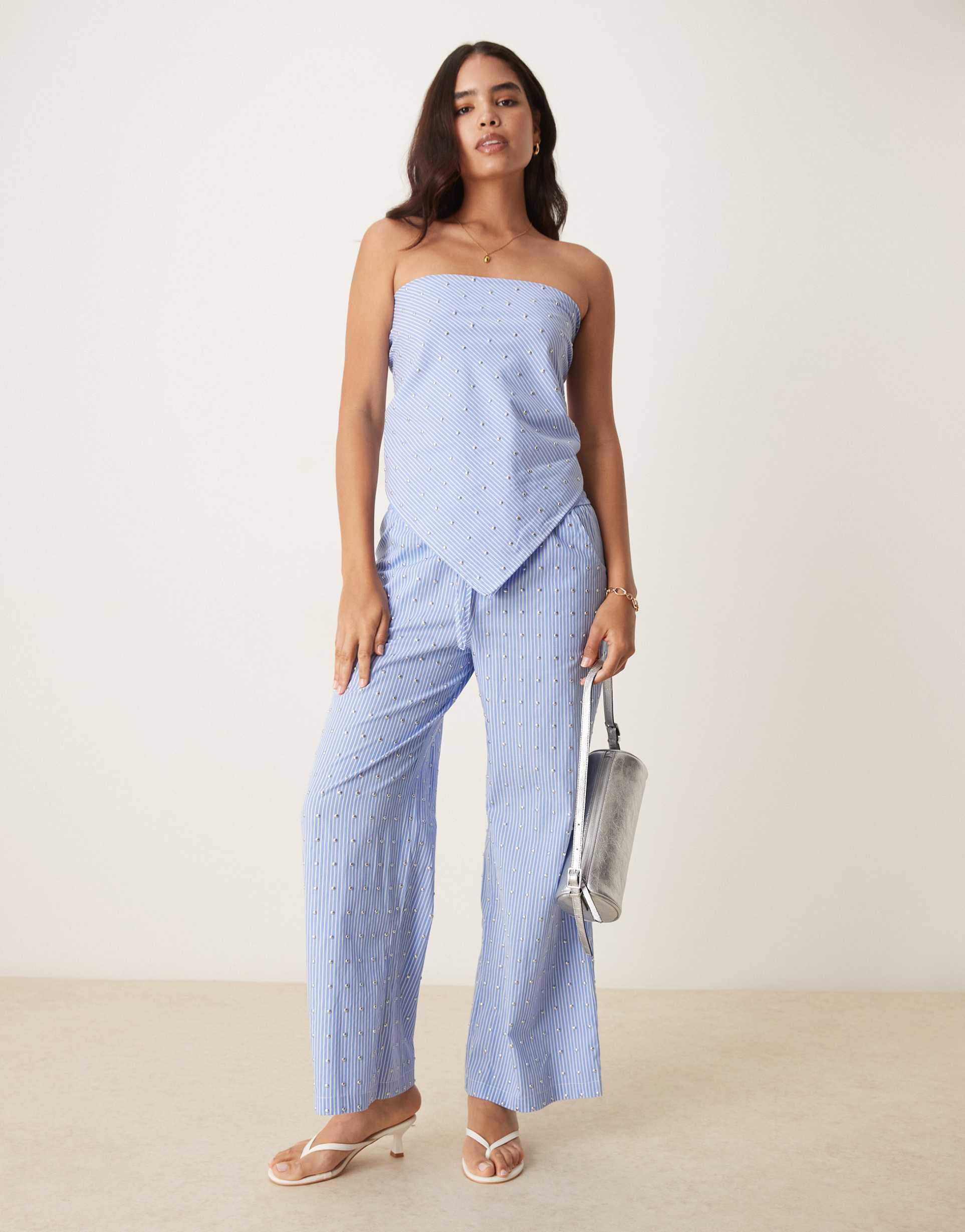never fully dressed cotton hotfix wide leg pants in blue stripe - part of a set
