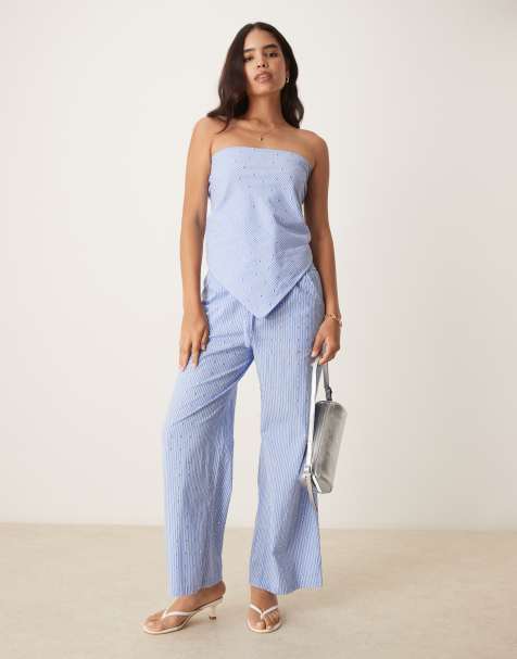 Never Fully Dressed cotton hotfix wide leg trouser co-ord in blue stripe