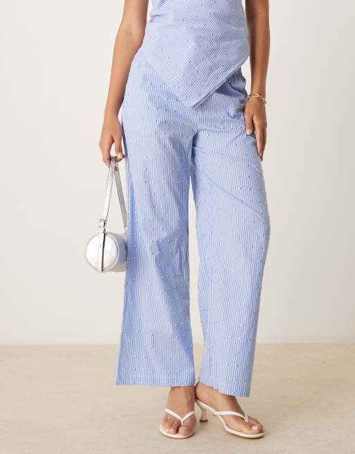 Never Fully Dressed cotton hotfix wide leg trouser co-ord in blue stripe, 2 of 5
