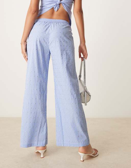 Never Fully Dressed cotton hotfix wide leg trouser co-ord in blue stripe, 3 of 5