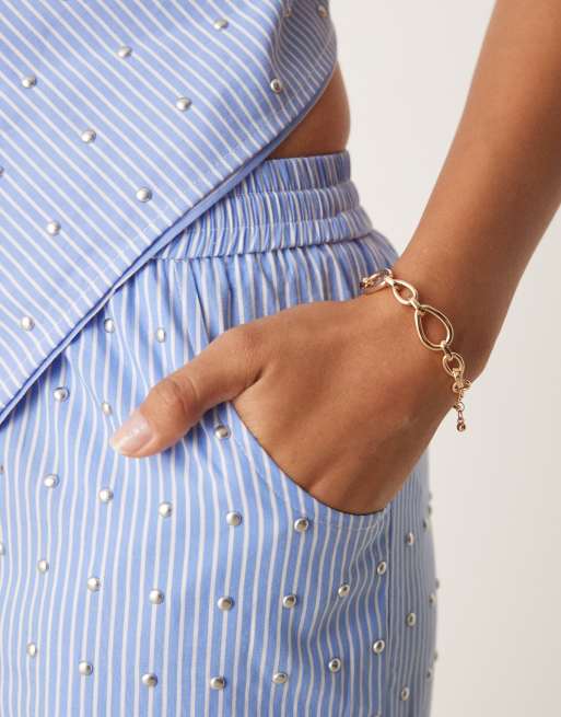 Never Fully Dressed cotton hotfix wide leg trouser co-ord in blue stripe, 4 of 5
