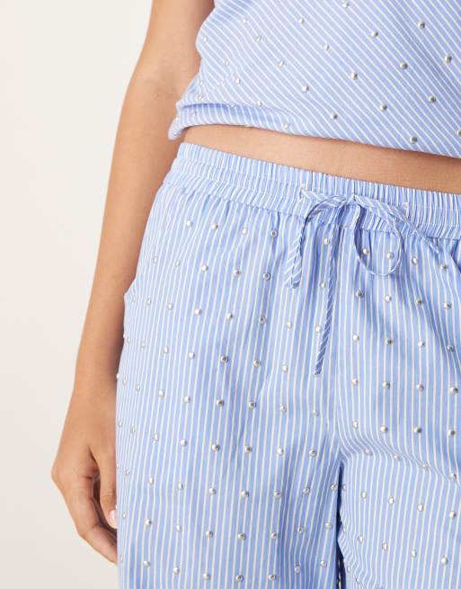 Never Fully Dressed cotton hotfix wide leg trouser co-ord in blue stripe, 5 of 5