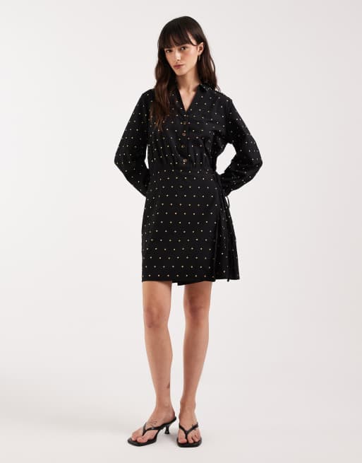Never Fully Dressed cotton hotfix wrap over mini shirt dress in black, 2 of 4