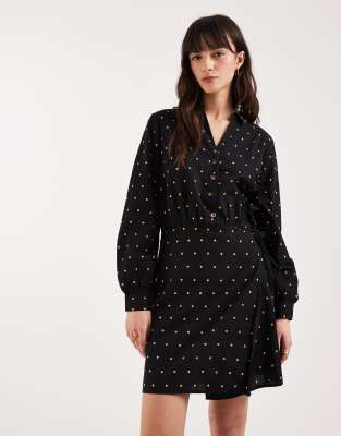 Never Fully Dressed Cotton Iron-on Detailing Mini Wrap Shirt Dress In Black