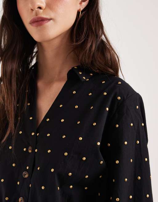 Never Fully Dressed cotton iron-on detailing mini wrap shirt dress in black, 3 of 4