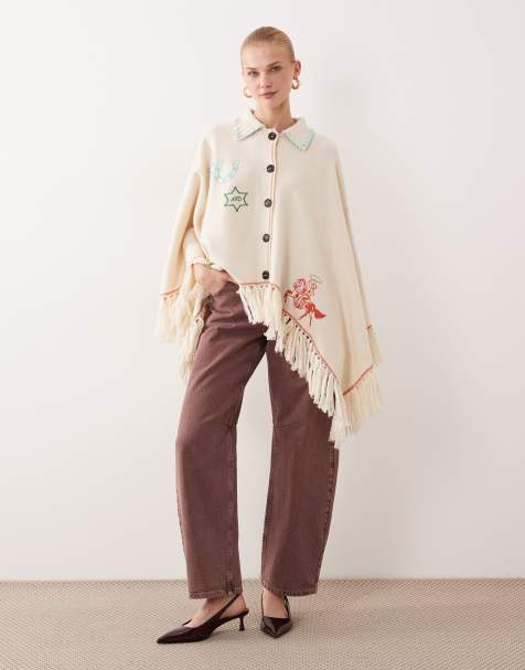 Never Fully Dressed cowgirl tassel knitted embroidered cape in cream - view 1