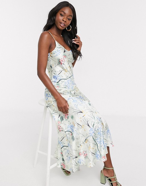 Never Fully Dressed cowl front cami strap midi dress with ruffle hem in floral print