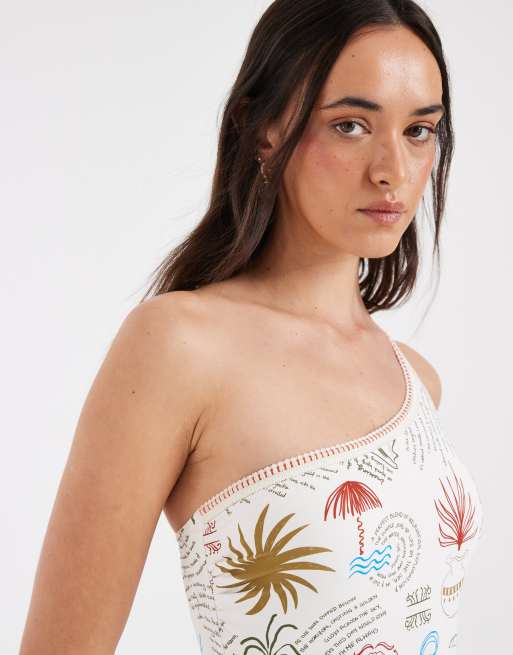 Never Fully Dressed - Cremefarvet oneshoulder-badedragt med palmeprint, 2 af 4