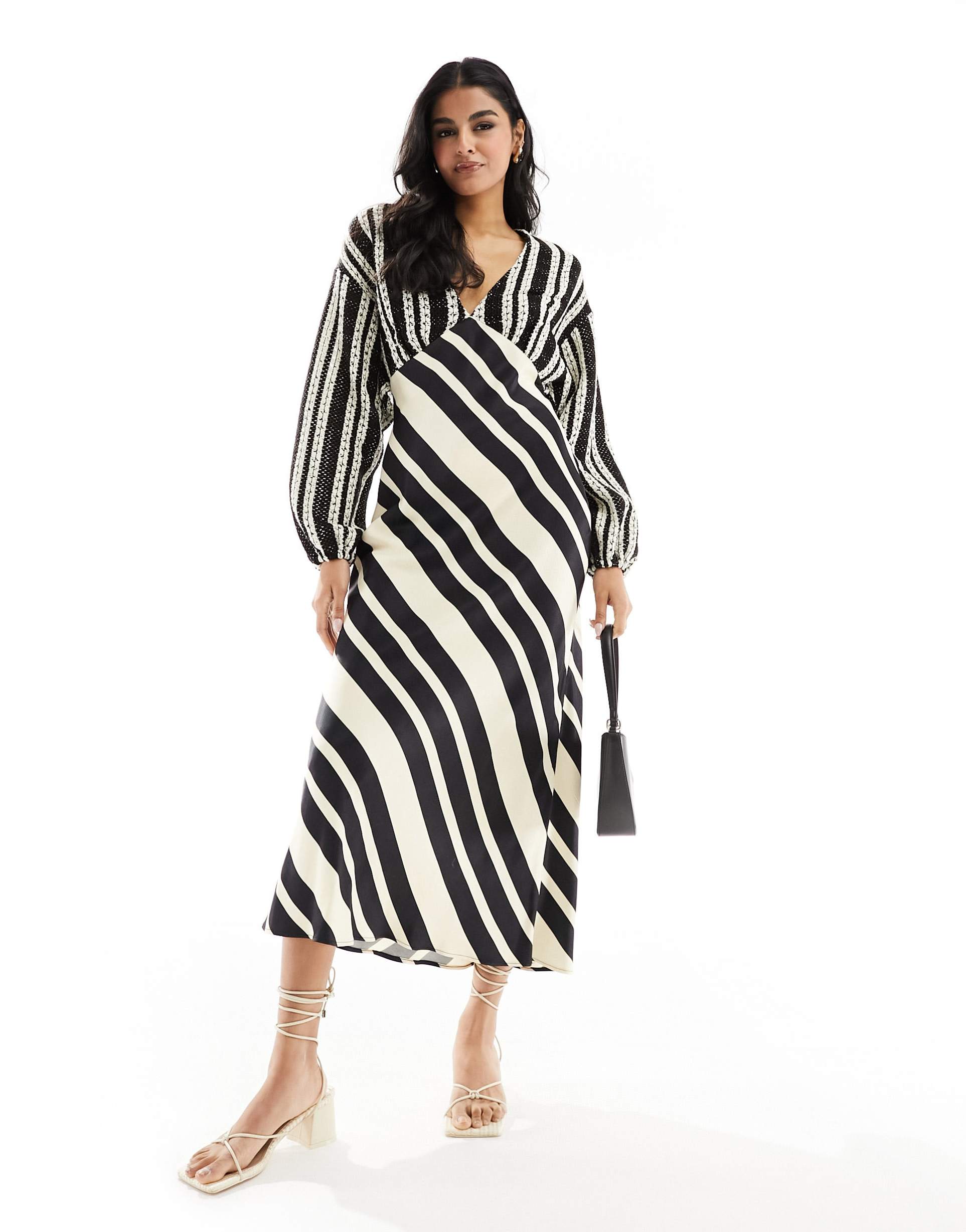 never fully dressed crochet balloon sleeve maxi dress in monochrome stripe