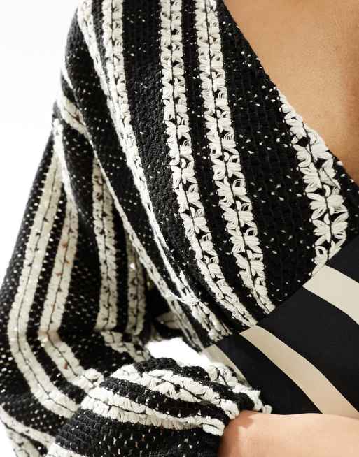 chinese dress ladies Stripe L/S Midi Shirt Dress With Balloon Sleeves