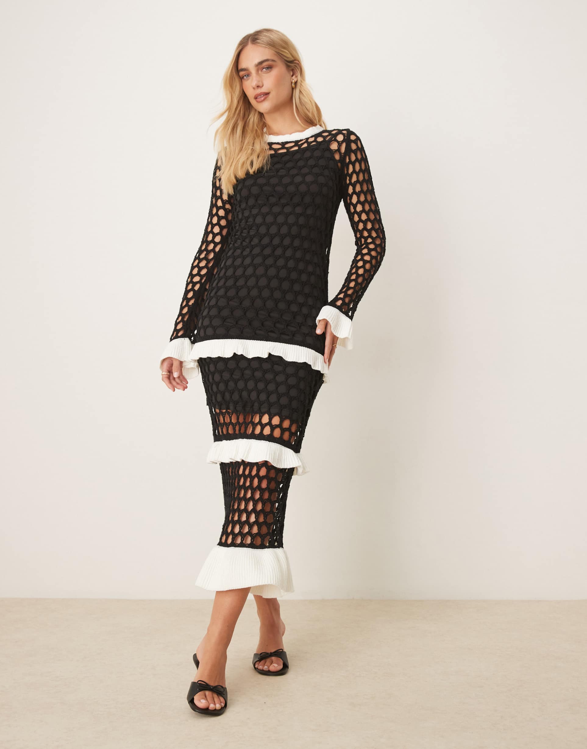 never fully dressed crochet ruffle maxi dress in black and white