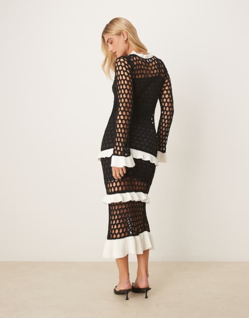 Never Fully Dressed crochet ruffle maxi dress in black and white | ASOS