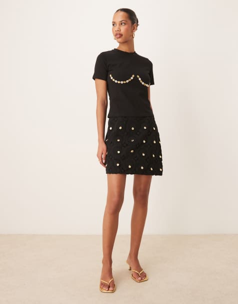 Never Fully Dressed crochet shell wrap mini skirt co-ord in black - view 1