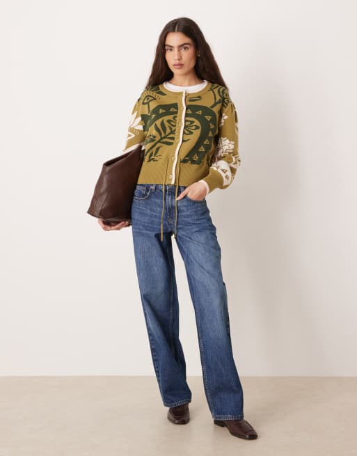 Never Fully Dressed cropped adjustable cinched waist cardigan in green print, 2 of 4