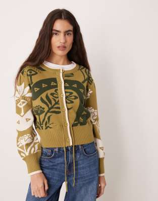 Never Fully Dressed Cropped Cinched Waist Cardigan In Green