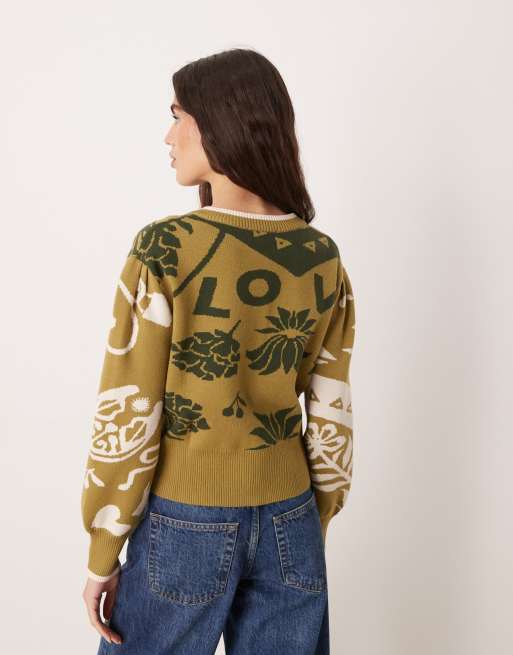 Never Fully Dressed cropped cinched waist cardigan in khaki print, 4 of 4