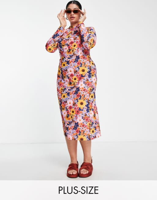 Never Fully Dressed Curve Digi floral midi jersey dress in pink