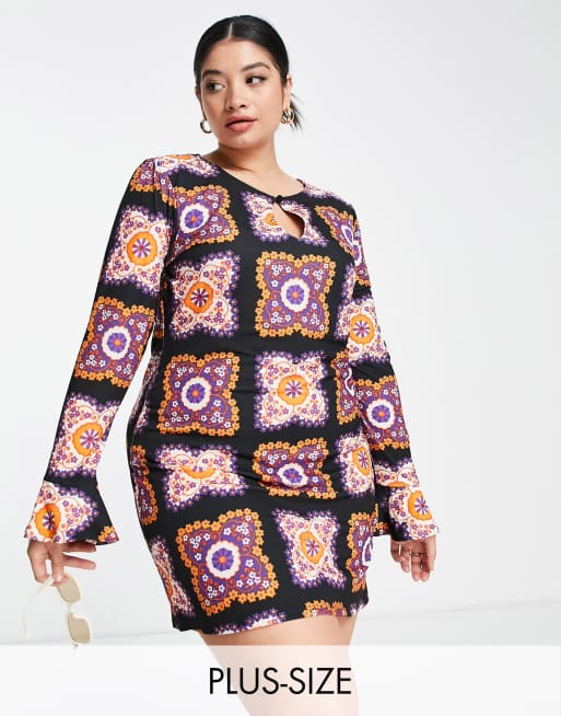 Never Fully Dressed Curve floral tile print mini dress in multi