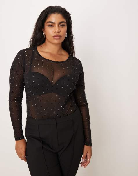 Never Fully Dressed Curve hotfix embellished long sleeve bodysuit in black - view 1