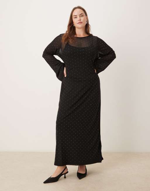 Never Fully Dressed Curve hotfix embellished mesh bell sleeve midaxi dress in black, 2 of 4
