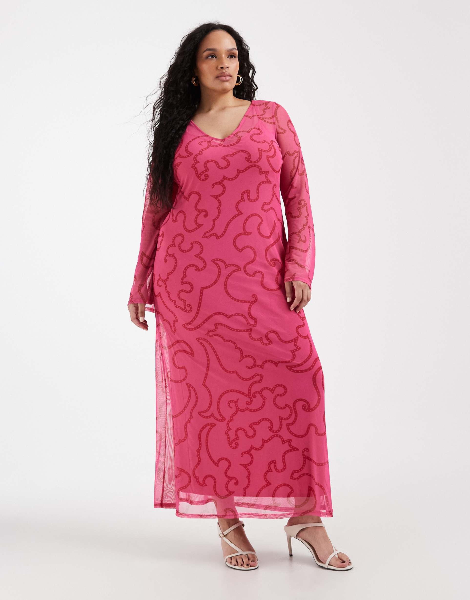 never fully dressed curve mesh maxi dress in pink paisley