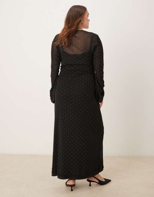 Never Fully Dressed - Curve - Mesh midaxi-jurk met siersteentjes en klokmouwen in zwart, 3 van 4