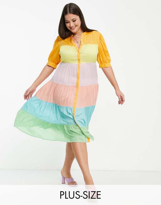 Never Fully Dressed Curve – Midikleid im Bahnendesign in Pastell-Regenbogenfarben