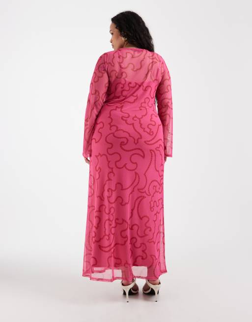 Never Fully Dressed Curve - Pink maxikjole i mesh med paisley-mønster, 4 af 4