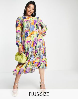 Never Fully Dressed Curve retro cactus print midi dress in multi