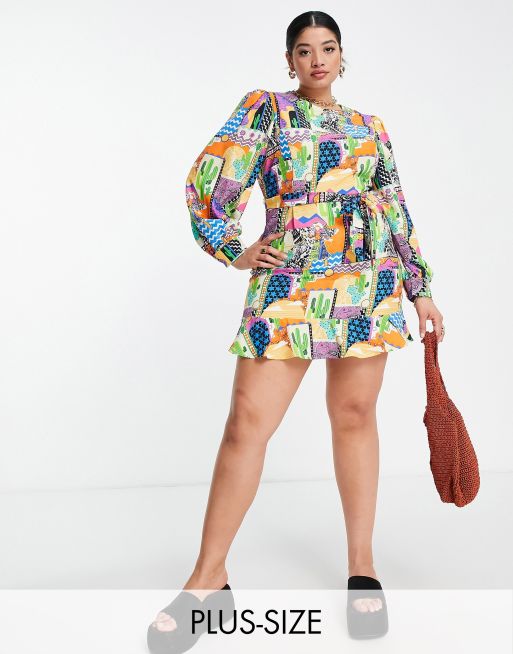 Never Fully Dressed Curve retro cactus print mini dress in multi