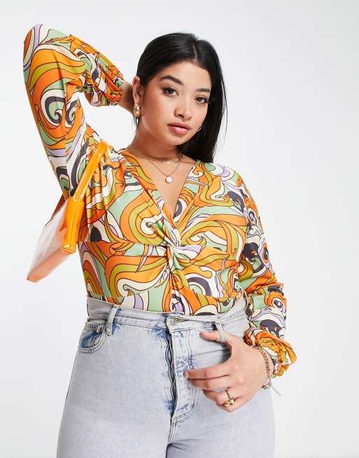 Never Fully Dressed Curve Retro Groove plunge bodysuit in multi