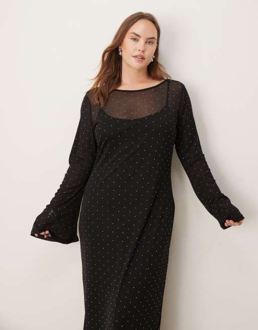 Never Fully Dressed Curve rhinestone embellished mesh bell sleeve maxi dress in black