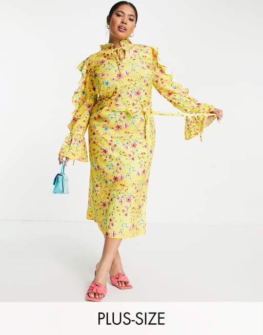 Never Fully Dressed Curve - Satijnen midi jurk met bloemenprint in geel