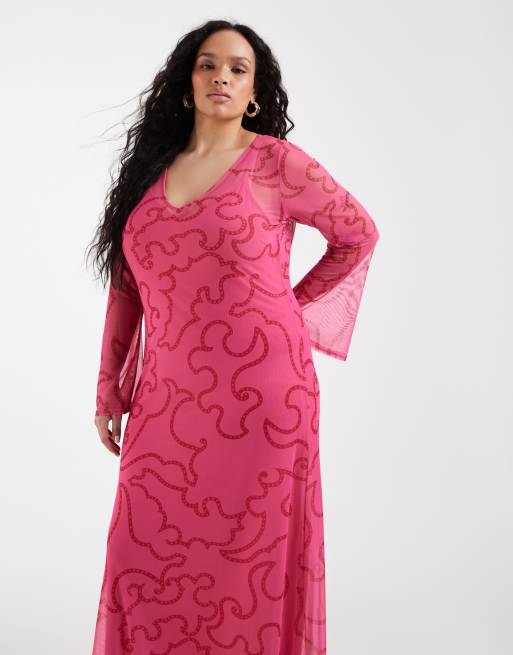 Never Fully Dressed Curve - Vestito lungo in rete rosa con stampa cachemire, 2 di 4