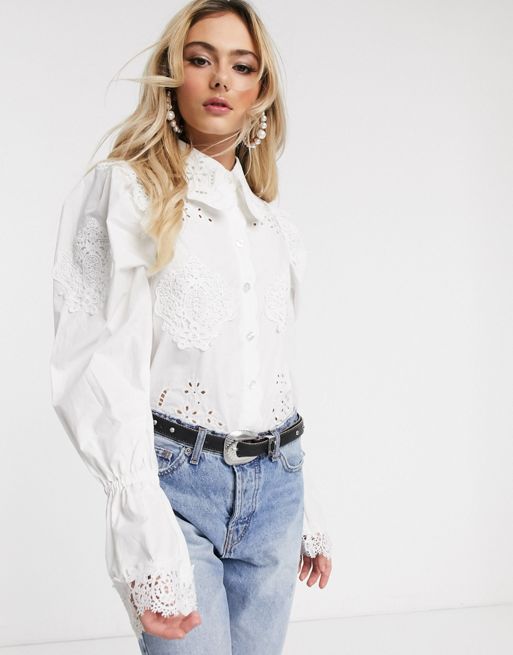 Never Fully Dressed cutwork embroidered shirt with puff sleeve in white