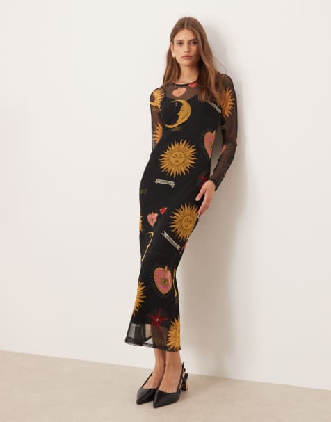 Never Fully Dressed mystical print mesh maxi dress in black