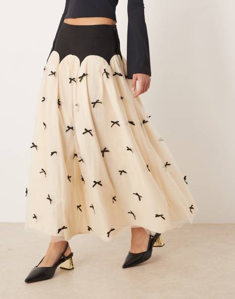 Never Fully Dressed contrast bow drop hem maxi skirt in black and cream