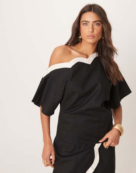 Never Fully Dressed contrast off shoulder asymmetrical top co-ord in black