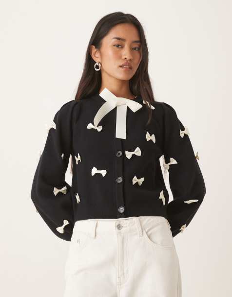 Never Fully Dressed contrast bow knitted cardigan in black