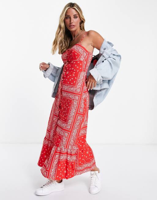 Never Fully Dressed – Czerwona sukienka midi ze wzorem w stylu bandany