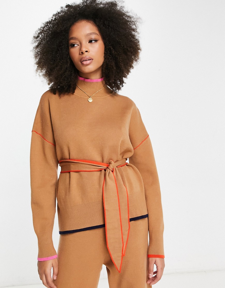 Never Fully Dressed Dana roll neck knitted jumper co-ord in camel-Neutral