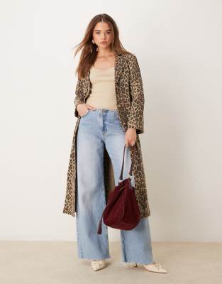 denim longline jacket in leopard print-Multi