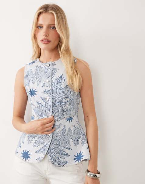 Never Fully Dressed denim twill longline waistcoat co-ord in blue soleil print - view 1