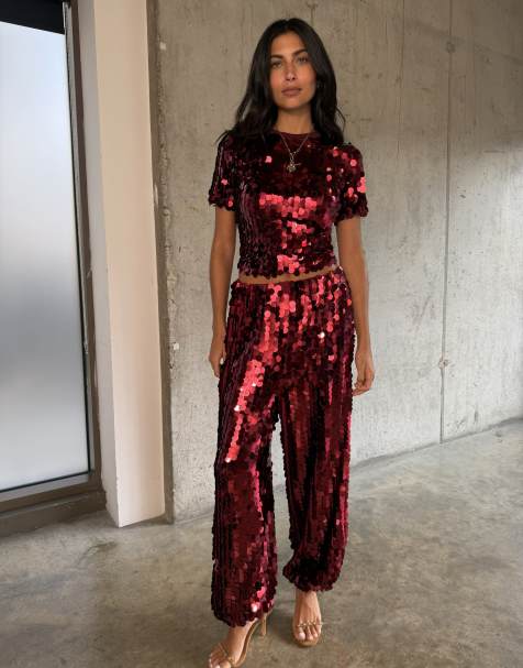 Never Fully Dressed disc sequin elasticated waist balloon pant co-ord in red - view 1