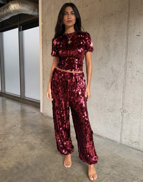 Never Fully Dressed disc sequin top & balloon leg trouser co-ord in red - view 1