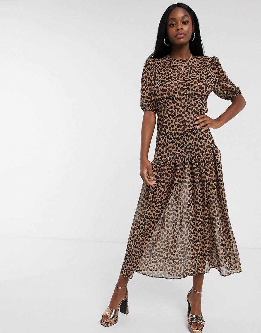 Never Fully Dressed - Doorschijnende lange jurk met verlaagde rok en korte mouwen en luipaardprint-Multi