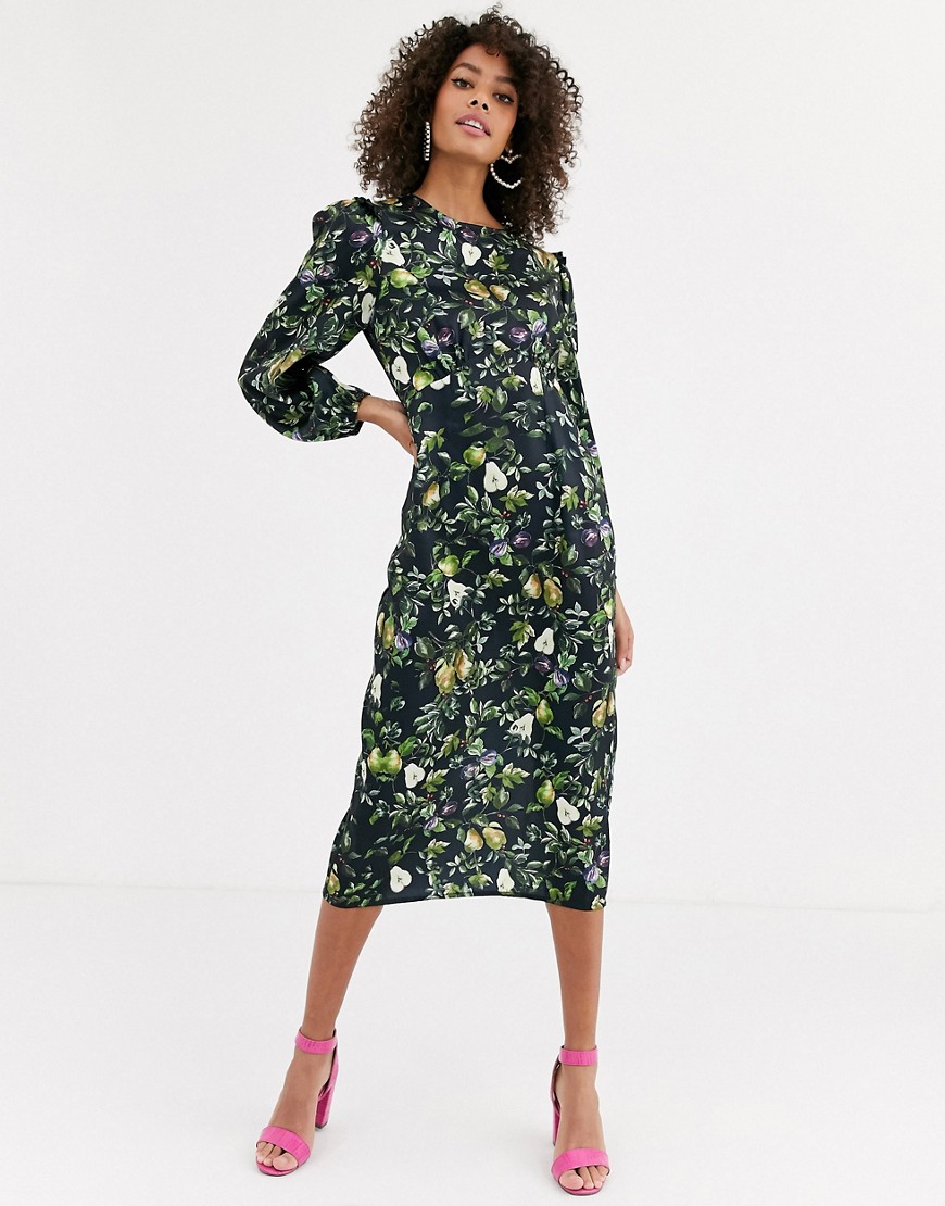 Never Fully Dressed - Doorzichtige midi-jurk met lange mouwen en contrasterende peerprint-Multi